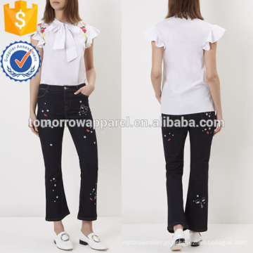 Branco Bordado Frill Sleeve Blusa Fabricação Atacado Moda Feminina Vestuário (TA4033B)